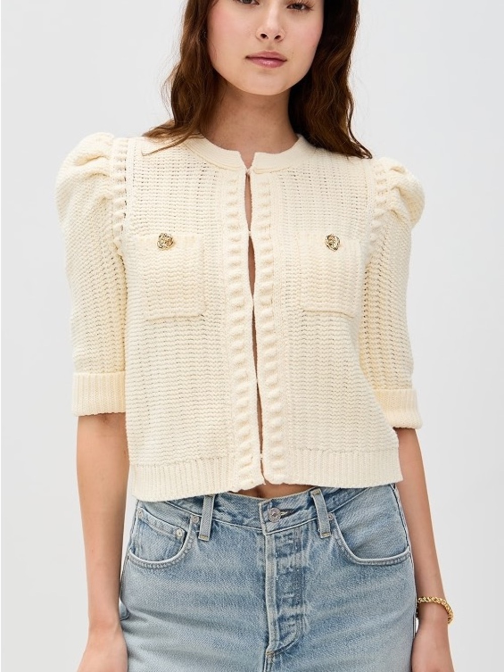 NWOT Fate Cream Textured Cable Knit Puff Sleeve Cardigan Small